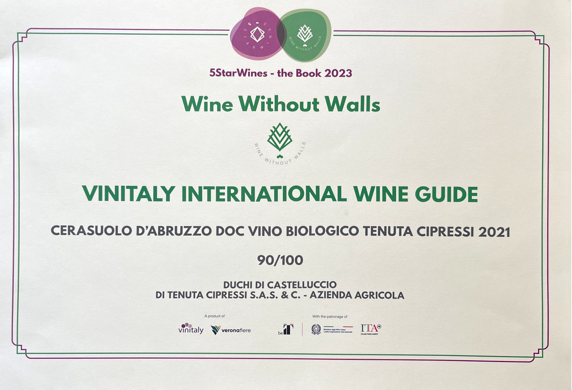 Vinitaly Wine Guide 2022 AWARD for TENUTA Cerasuolo d’Abruzzo
